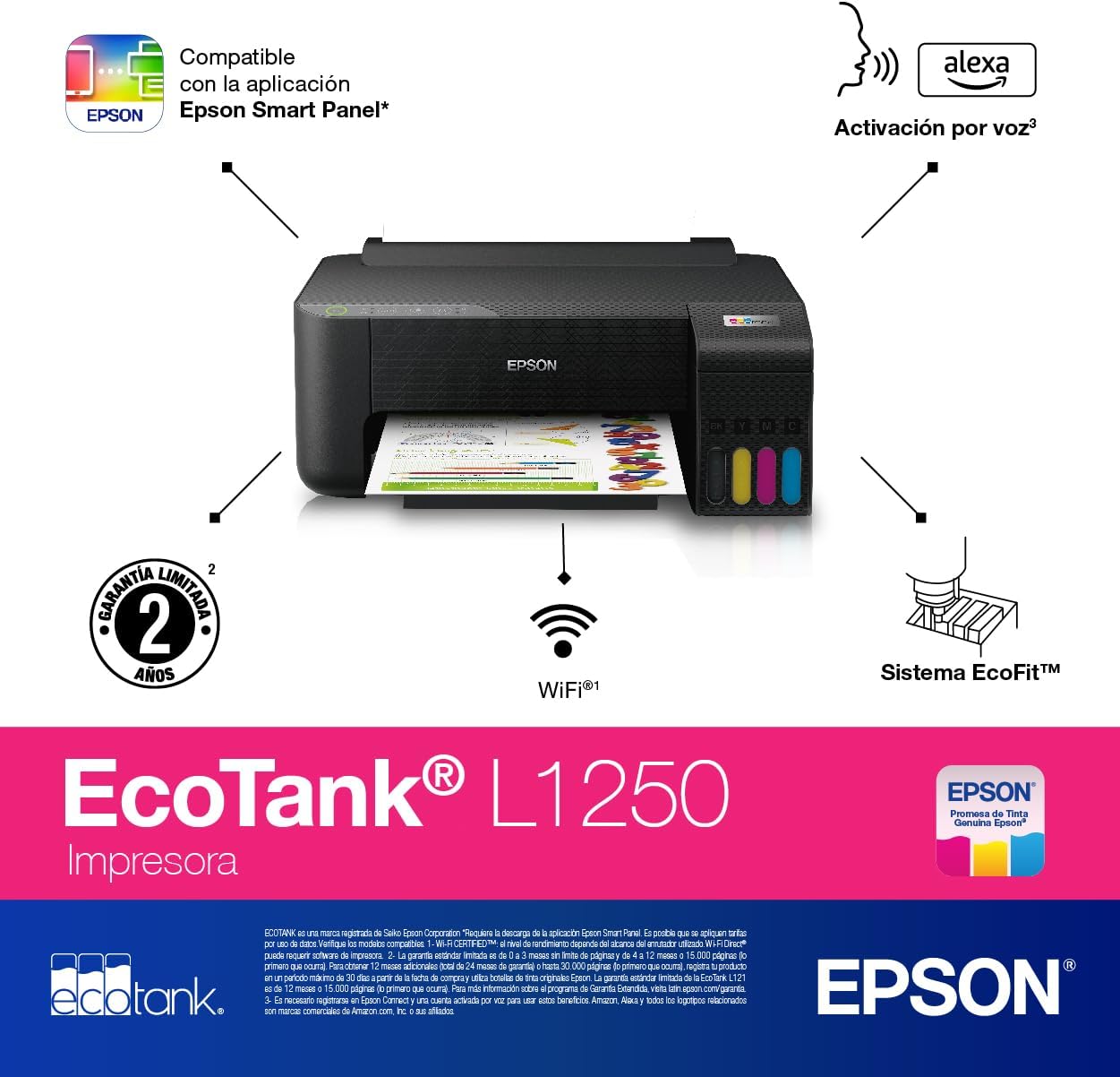IMPRESORA EPSON ECOTANK L1250 WIFI SMART PANEL FUNCION UNICA SISTEMA TINTA CONTINUA C11CJ71301 GARANTIA 12 MESES