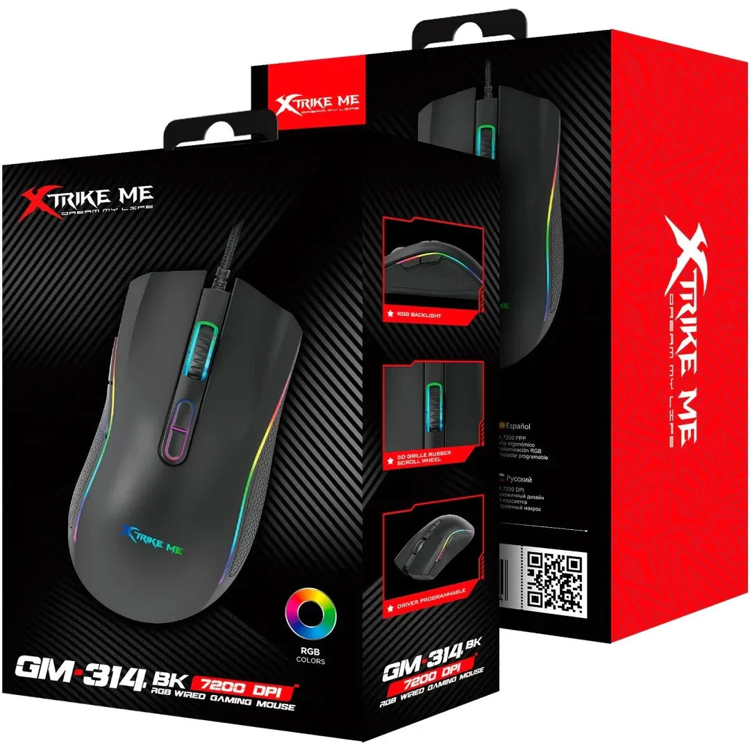 Mouse Gamer Xtrike-Me GM-314 BK 7200 DPI – RGB, 7 Botones, Cable Trenzado 1,5 m, Negro