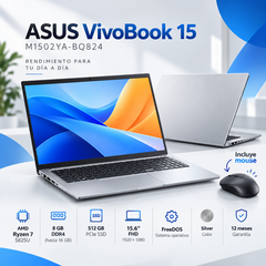 ASUS Vivobook 15 M1502YA-BQ824 plateada, Ryzen 7 5825U, 8 GB RAM, SSD 512 GB, pantalla Full HD y mouse incluido
