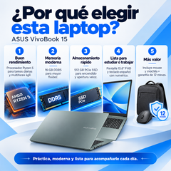 Ventajas ASUS Vivobook Go 15 Ryzen 5: 16 GB de memoria, SSD 512 GB, pantalla Full HD, mochila, mouse y garantía de 12 meses
