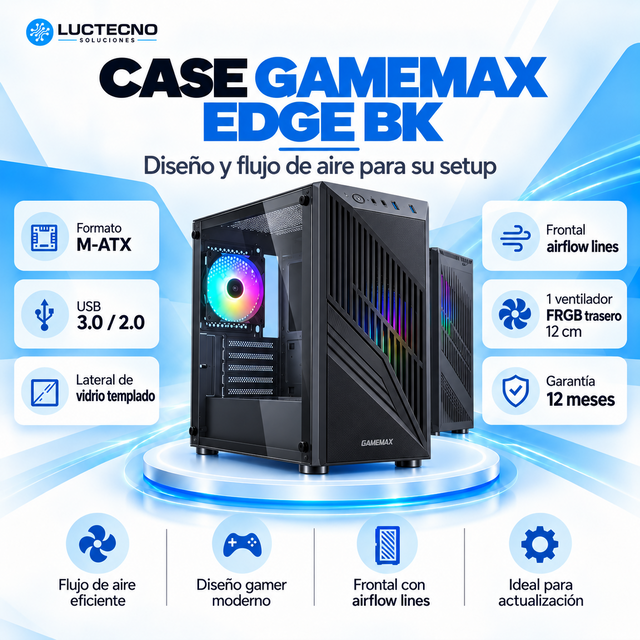 Case GameMax Edge BK negro M-ATX con vidrio templado y frontal airflow lines