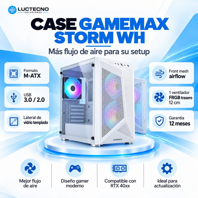 Case GameMax Storm WH blanco M-ATX con frontal mesh y lateral de vidrio templado