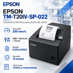 Impresora térmica Epson TM-T20IV-SP-022 C31CL47022 para recibos POS, USB, Ethernet y Serial