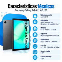 Ficha técnica Samsung Galaxy Tab A11 LTE: Helio G99, Android 15, 4 GB RAM, 64 GB y microSD hasta 2 TB