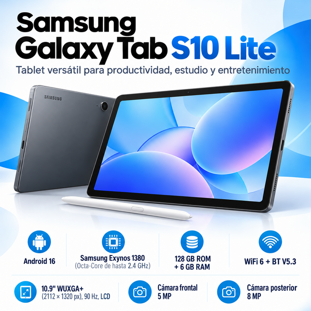 Samsung Galaxy Tab S10 Lite gris con S Pen, 6 GB RAM, 128 GB y pantalla de 10,9 pulgadas