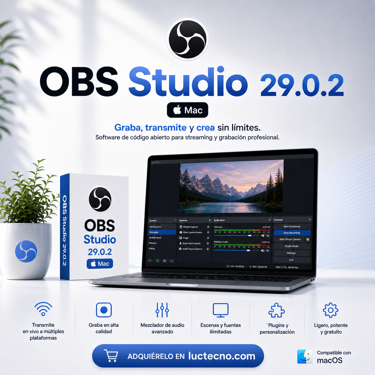 OBS Studio 29.0.2 (Mac) | 1 Equipo | Permanente