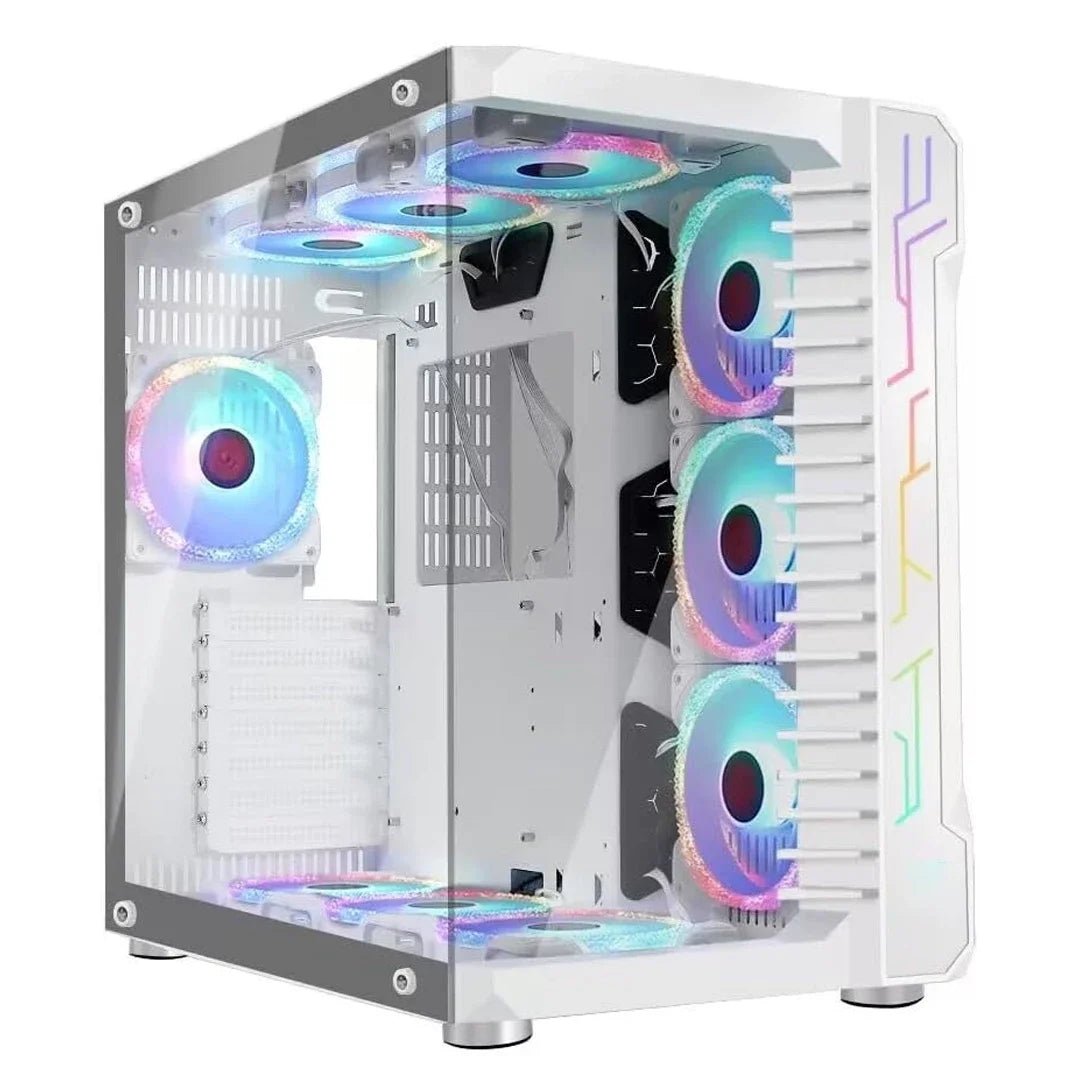 Case GAMEKM CA-025 White / ATX / Vidrio Templado 270° / Luz LED ARGB / Soporte Refrigeración Líquida 360° / Sin Fuente