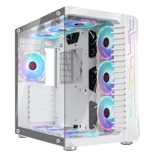 Case GAMEKM CA-025 White / ATX / Vidrio Templado 270° / Luz LED ARGB / Soporte Refrigeración Líquida 360° / Sin Fuente