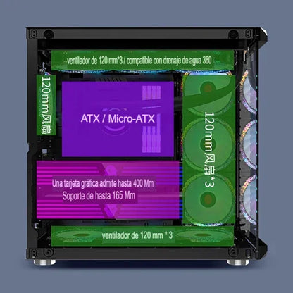 Case GAMEKM CA-025 White / ATX / Vidrio Templado 270° / Luz LED ARGB / Soporte Refrigeración Líquida 360° / Sin Fuente