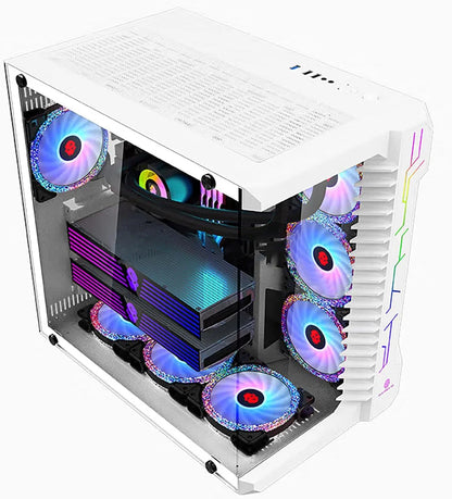 Case GAMEKM CA-025 White / ATX / Vidrio Templado 270° / Luz LED ARGB / Soporte Refrigeración Líquida 360° / Sin Fuente