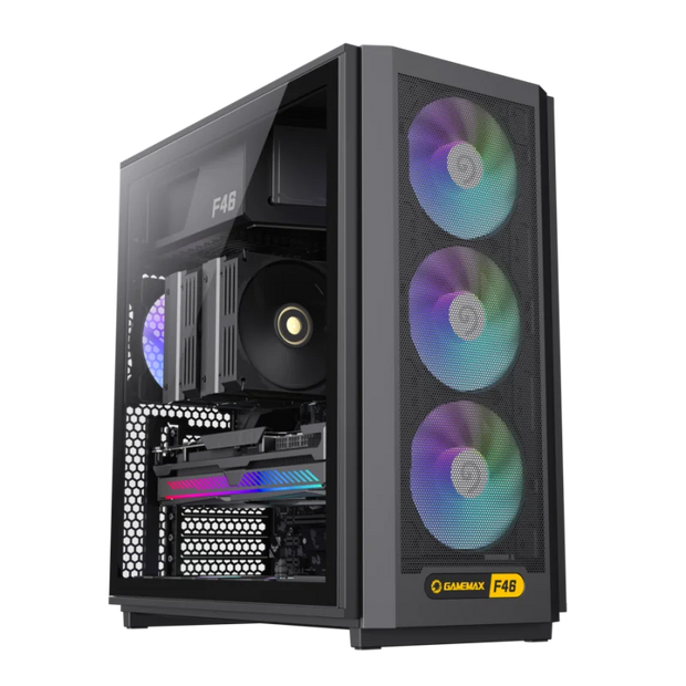 Case GAMEMAX F46 BK / ATX / Mesh Frontal Optimizado / 4Ventiladores ARGB 120mm / USB-C + 2USB 3.0 / Vidrio Templado / Refri. Líquida 360° / Módulo I/O Intercambiable