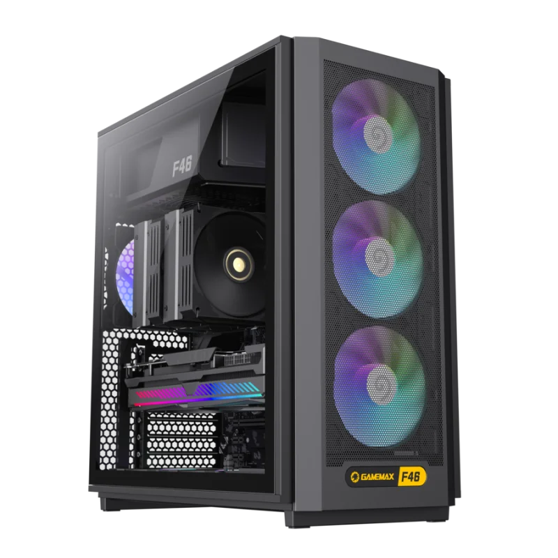 GAMEMAX F46 BK Case / ATX / Optimized Mesh Front Panel / 4 x 120mm ARGB Fans / USB-C + 2 USB 3.0 / Tempered Glass / 360° Liquid Cooling Support / Interchangeable I/O Module