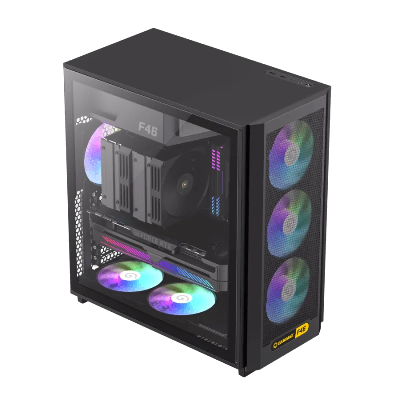 Case GAMEMAX F46 BK / ATX / Mesh Frontal Optimizado / 4Ventiladores ARGB 120mm / USB-C + 2USB 3.0 / Vidrio Templado / Refri. Líquida 360° / Módulo I/O Intercambiable