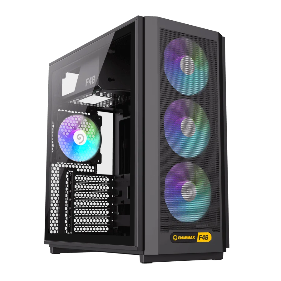 Case GAMEMAX F46 BK / ATX / Mesh Frontal Optimizado / 4Ventiladores ARGB 120mm / USB-C + 2USB 3.0 / Vidrio Templado / Refri. Líquida 360° / Módulo I/O Intercambiable