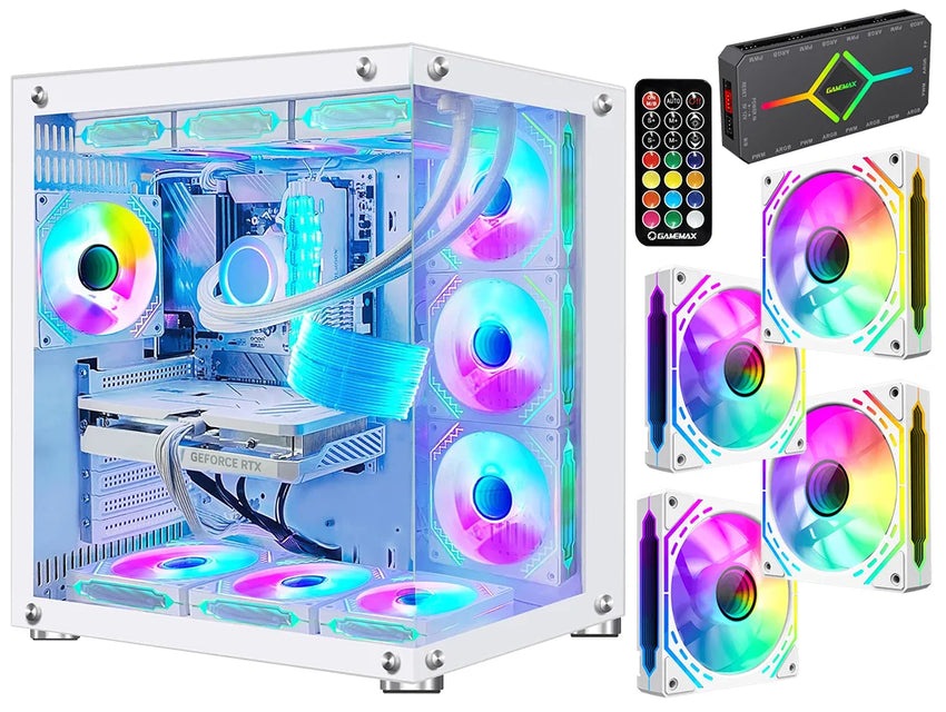 WJCOOLMAN CA-020 White Case / ATX / 270° Tempered Glass / 360° Liquid Cooling Support / 4*ARGB Fans + AURA Sync Controller / Power Supply Not Included