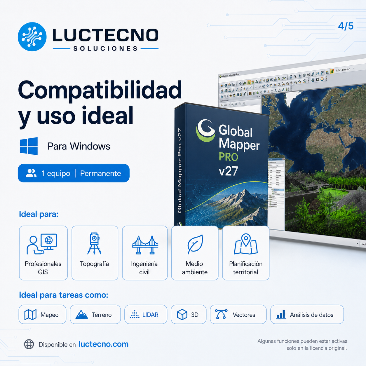 Blue Marble Global Mapper Pro v27 para Windows | GIS profesional, LiDAR, drones y análisis geoespacial avanzado