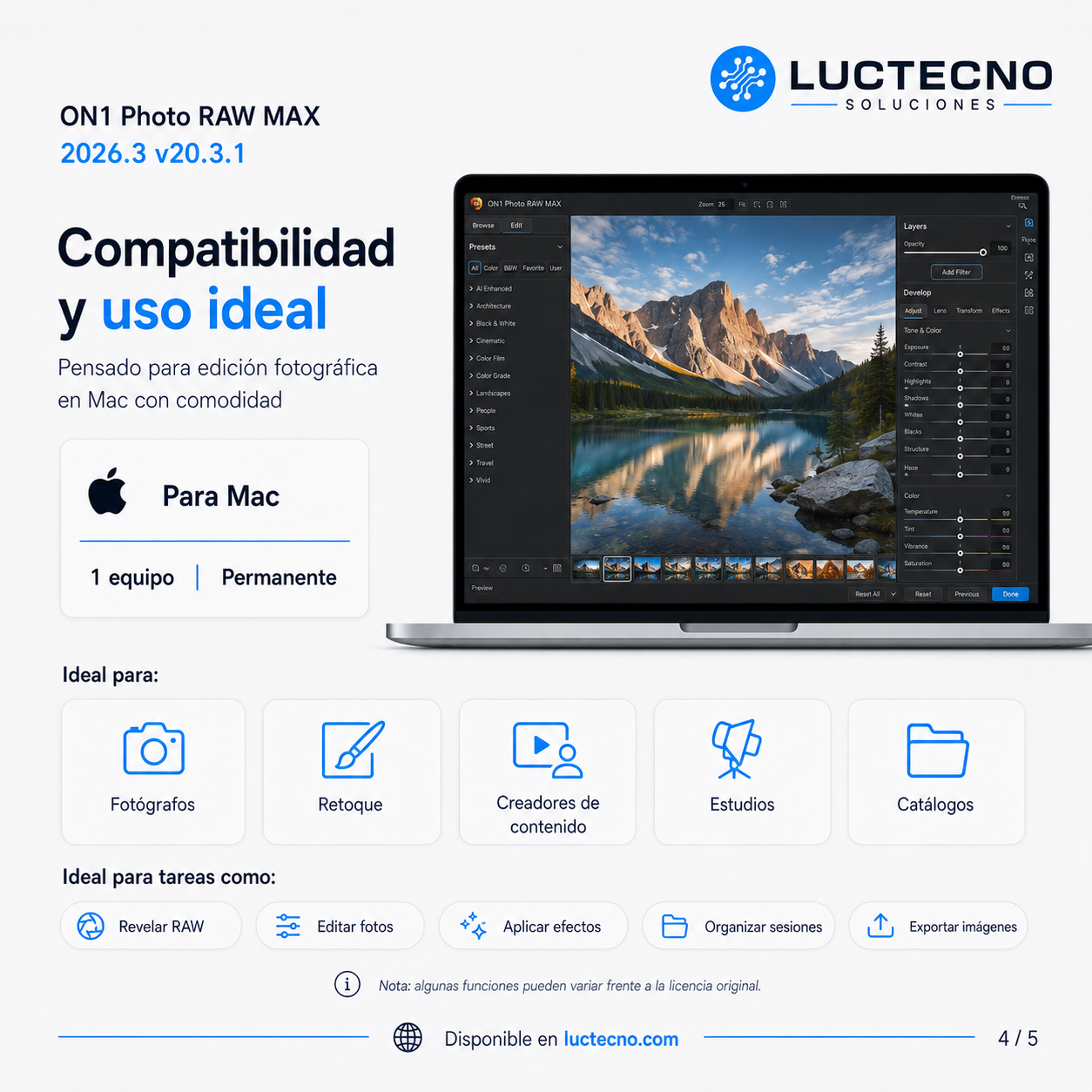 ON1 Photo RAW MAX 2026.3 v20.3.1 para Mac | Edición fotográfica RAW, IA, retoque y plugins profesionales