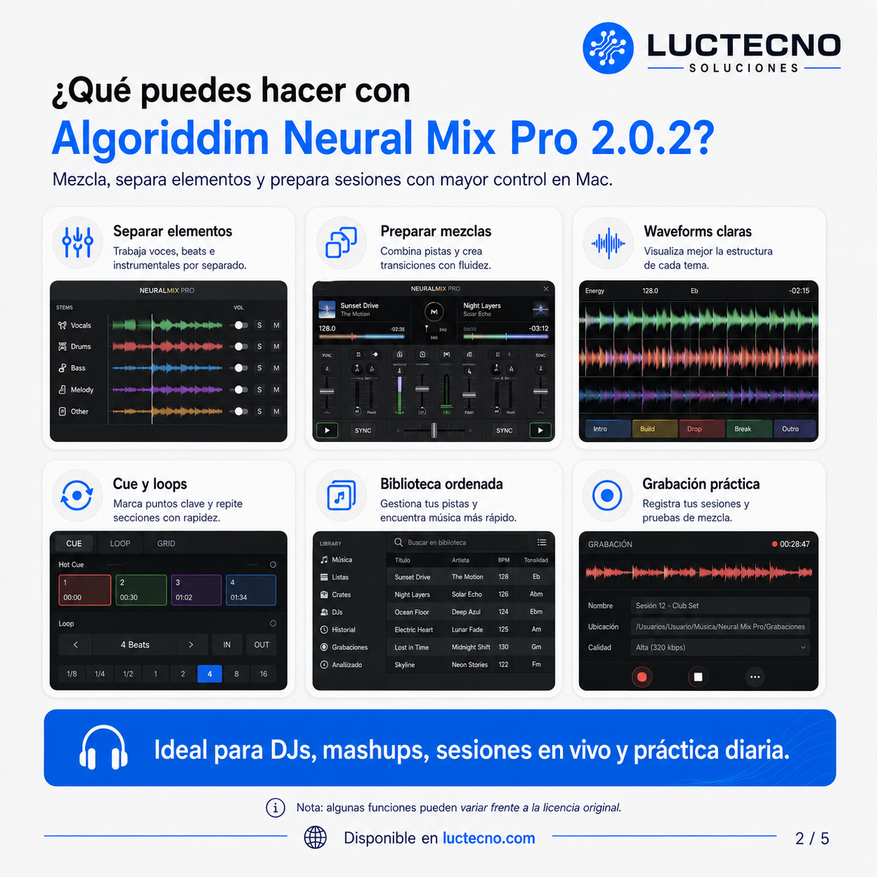 Algoriddim Neural Mix Pro 2.0.2 para Mac | Separación de stems, acapellas e instrumentales con IA
