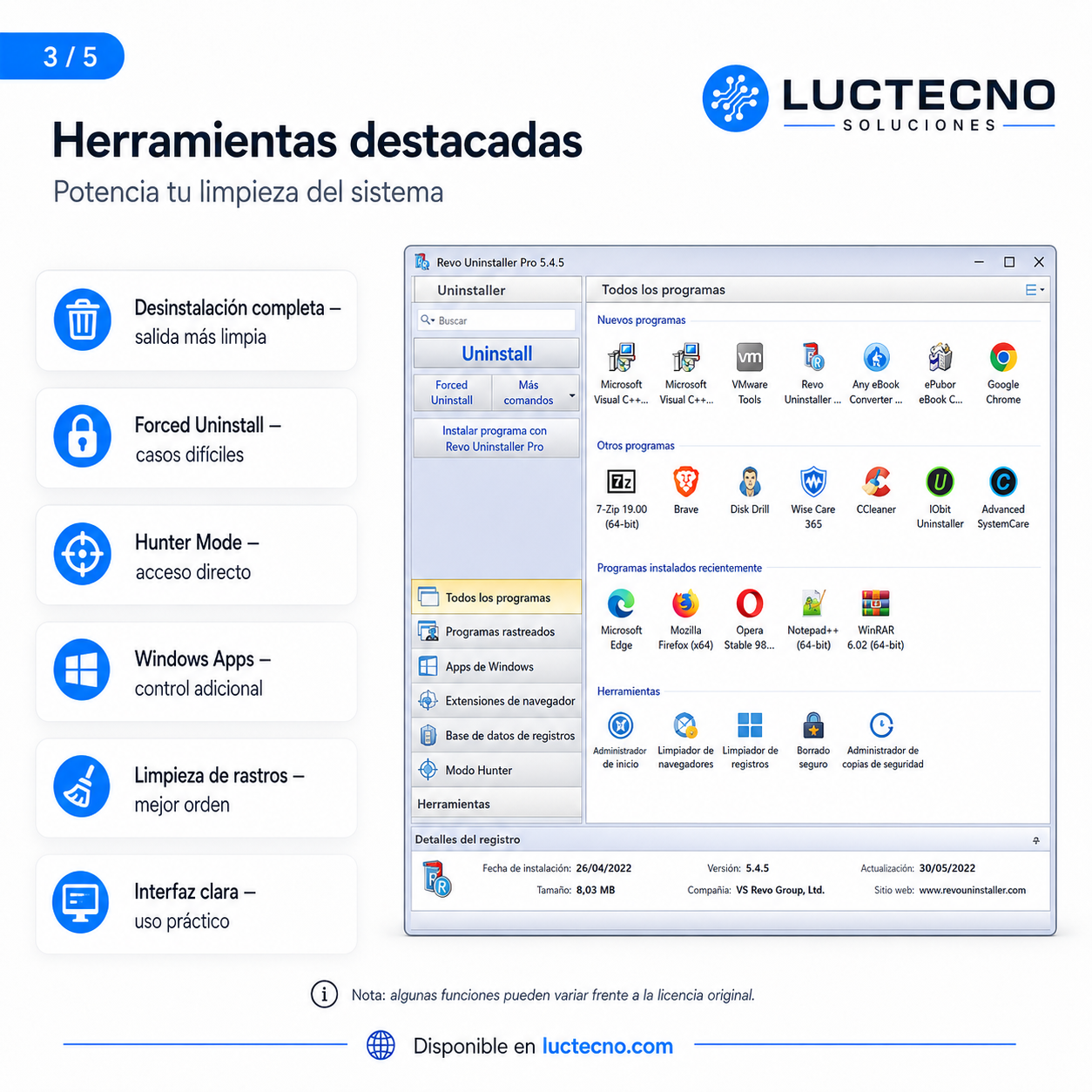 Revo Uninstaller Pro 5.4.5 para Windows | Desinstalador avanzado, limpieza de restos y optimización del sistema