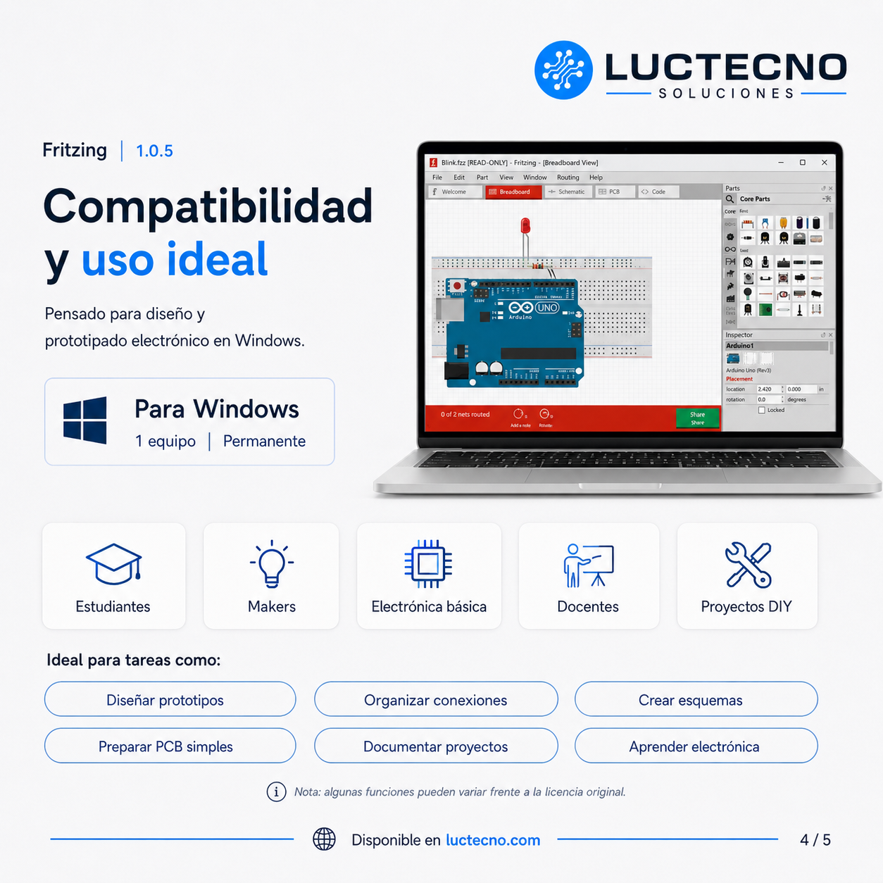 Fritzing 1.0.5 para Windows | Diseño electrónico, prototipos, esquemáticos y PCB