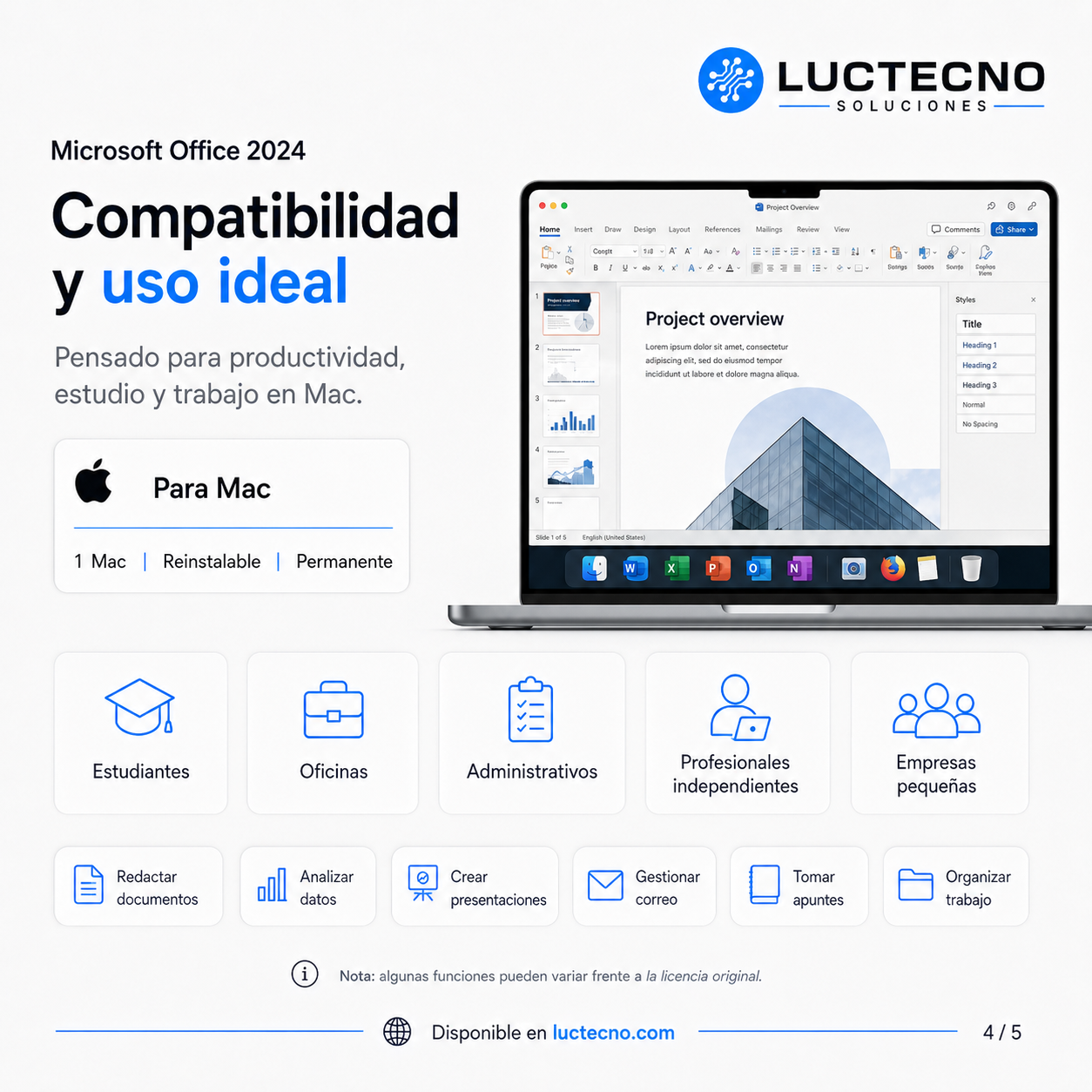 Microsoft Office 2024 Profesional Plus para Mac | Word, Excel, PowerPoint, Outlook y OneNote permanente