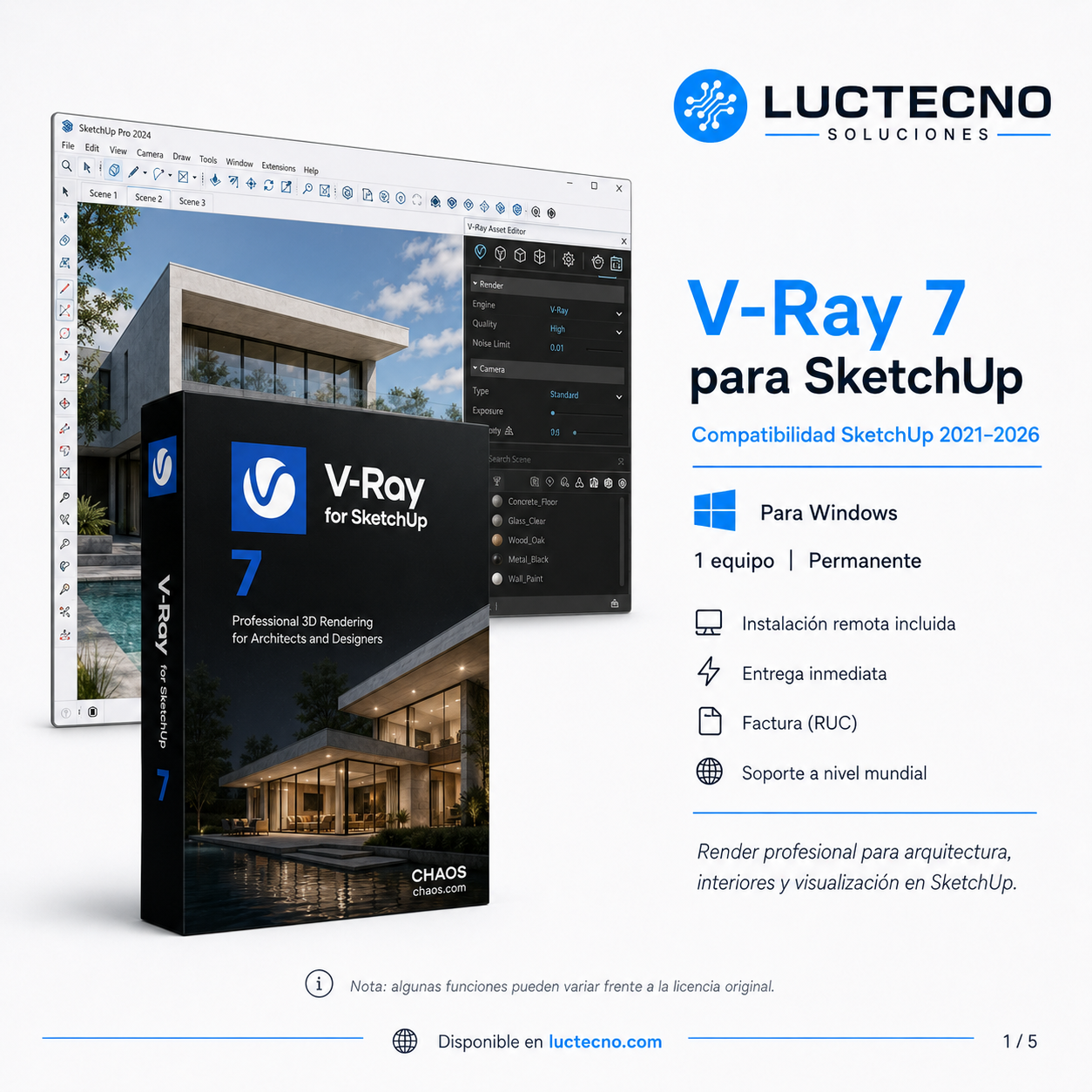 V-Ray 7 plugin para SketchUp en Windows – render 3D fotorrealista