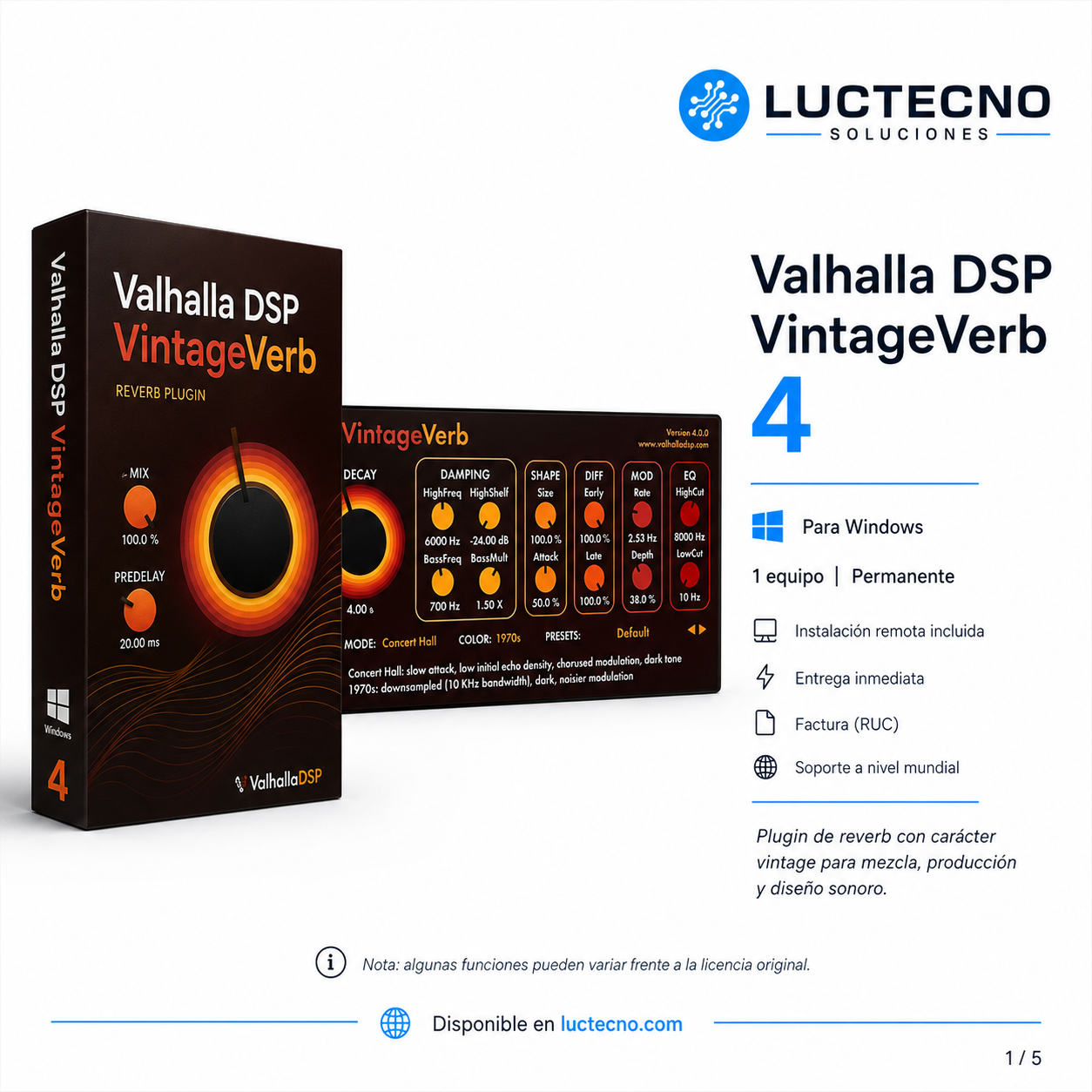 Valhalla DSP VintageVerb 4 para Windows | Plugin de reverb vintage, mezcla y producción musical profesional