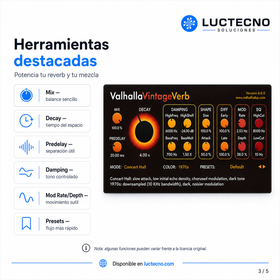 Valhalla DSP VintageVerb 4 para Windows | Plugin de reverb vintage, mezcla y producción musical profesional