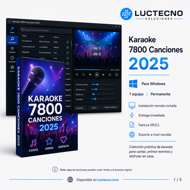 Karaoke 7800 Canciones 2025 para Windows | Biblioteca musical, letras en pantalla y entretenimiento para eventos