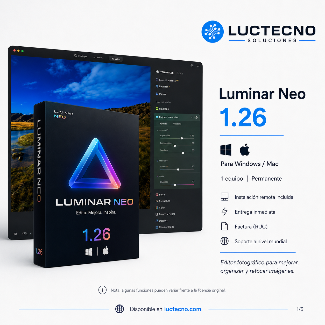Luminar Neo 1.26 para Windows y Mac | Editor fotográfico con IA, retoque, RAW y mejora profesional