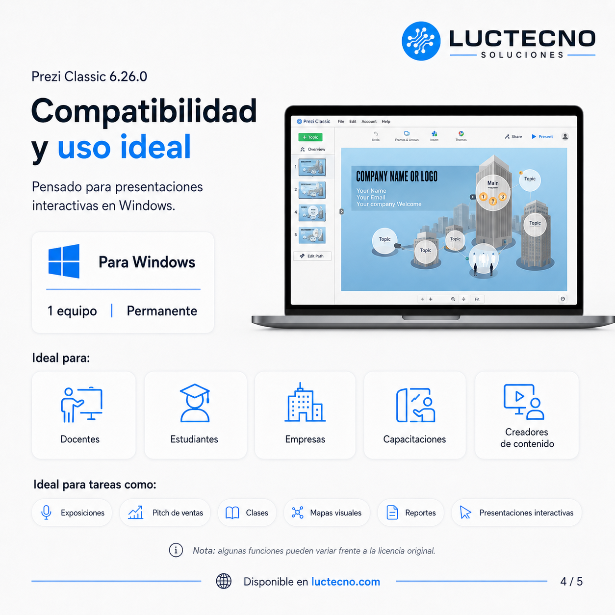 Prezi Classic 6.26.0 para Windows | Presentaciones dinámicas con zoom, rutas visuales y formato clásico
