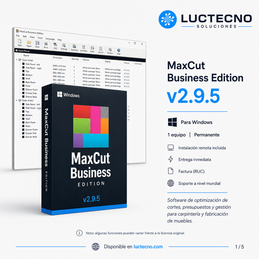MaxCut Business Edition v2.9.5 para Windows | Optimización de corte, despiece, costos y producción de tableros