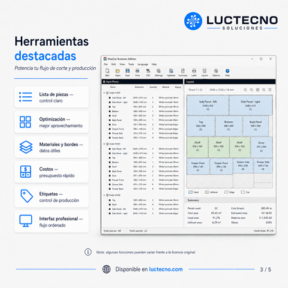 MaxCut Business Edition v2.9.5 para Windows | Optimización de corte, despiece, costos y producción de tableros