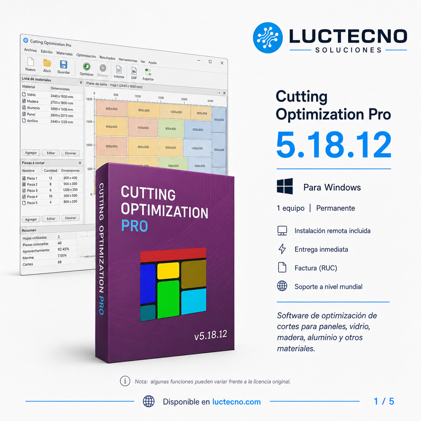 Cutting Optimization Pro 5.18.12 para Windows | Optimización de cortes 1D/2D, despiece, tableros y materiales lineales