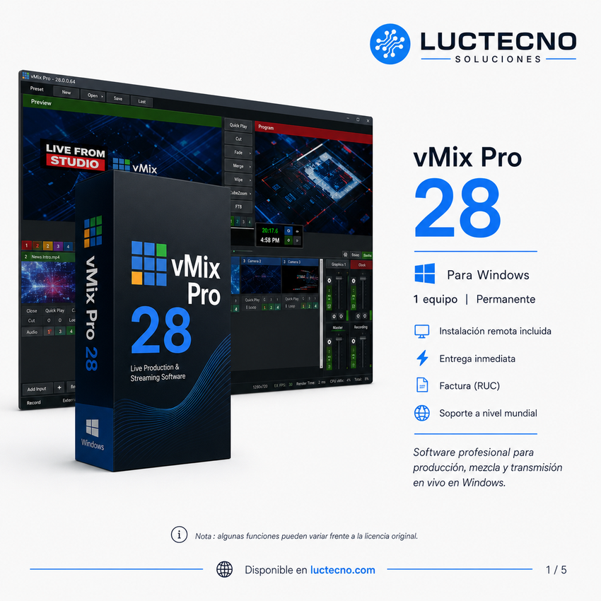 vMix Pro 28 para Windows | Producción en vivo, streaming, multicámara, grabación y replay profesional