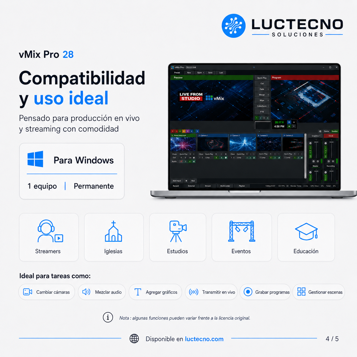 vMix Pro 28 para Windows | Producción en vivo, streaming, multicámara, grabación y replay profesional