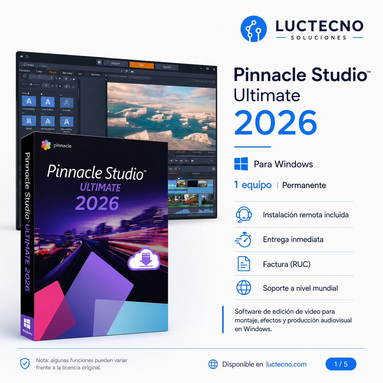 Pinnacle Studio Ultimate 2026 para Windows | Edición de video, 4K, efectos, color, multicámara y producción audiovisual