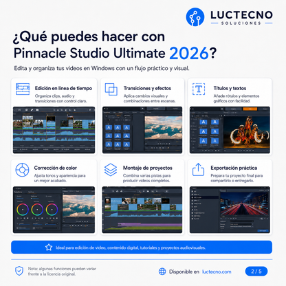 Pinnacle Studio Ultimate 2026 para Windows | Edición de video, 4K, efectos, color, multicámara y producción audiovisual