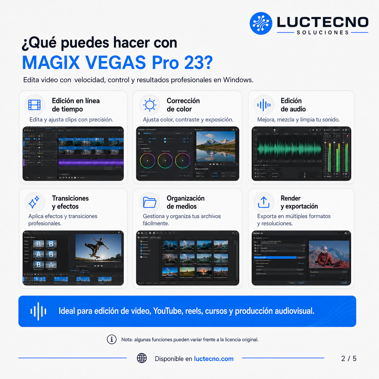 MAGIX VEGAS Pro 23 para Windows | Edición de video profesional, IA, color, audio, efectos y producción audiovisual