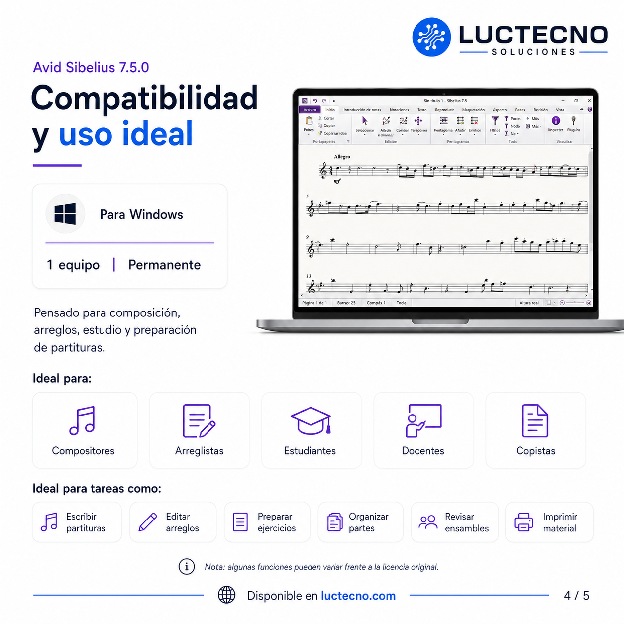 Avid Sibelius 7.5.0 para Windows | Notación musical, partituras, composición, arreglos y edición profesional