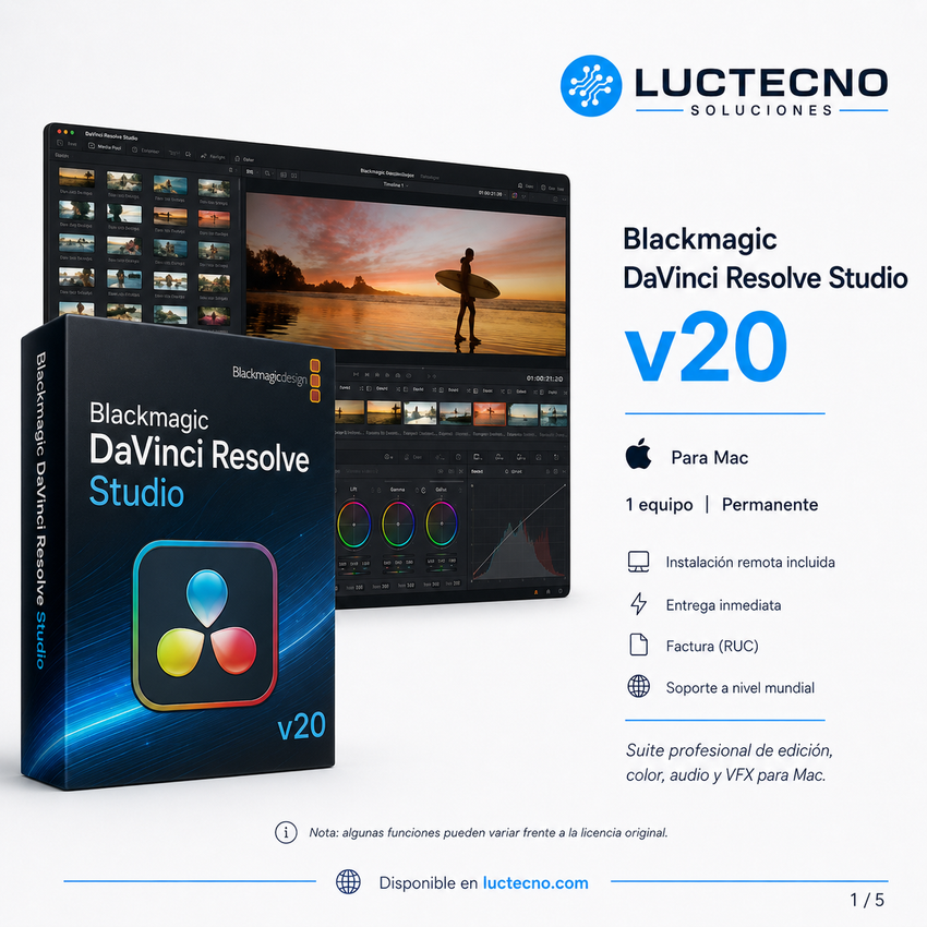 Blackmagic DaVinci Resolve Studio v20 para Mac | Edición de video, color, VFX, audio, IA y postproducción profesional