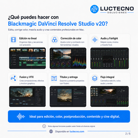 Blackmagic DaVinci Resolve Studio v20 para Mac | Edición de video, color, VFX, audio, IA y postproducción profesional
