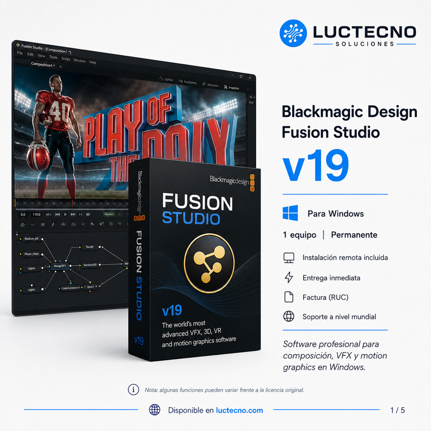 Blackmagic Design Fusion Studio v19 para Windows | VFX, composición nodal, motion graphics, 3D, keying y postproducción profesional