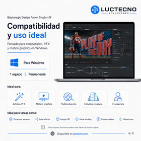 Blackmagic Design Fusion Studio v19 para Windows | VFX, composición nodal, motion graphics, 3D, keying y postproducción profesional