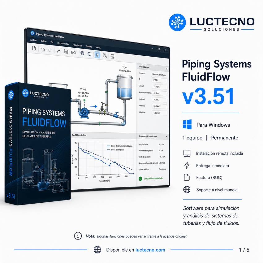 Piping Systems FluidFlow v3.51 para Windows | Cálculo hidráulico, redes de tuberías, bombas, válvulas y análisis de fluidos