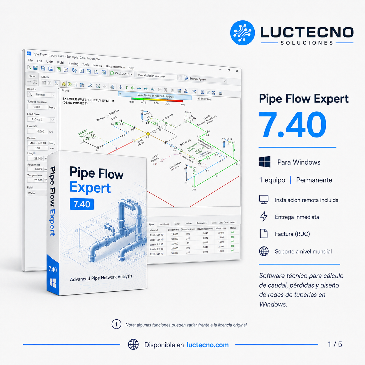 Pipe Flow Expert 7.40 para Windows | Cálculo hidráulico, redes de tuberías, bombas, caudal y pérdida de presión