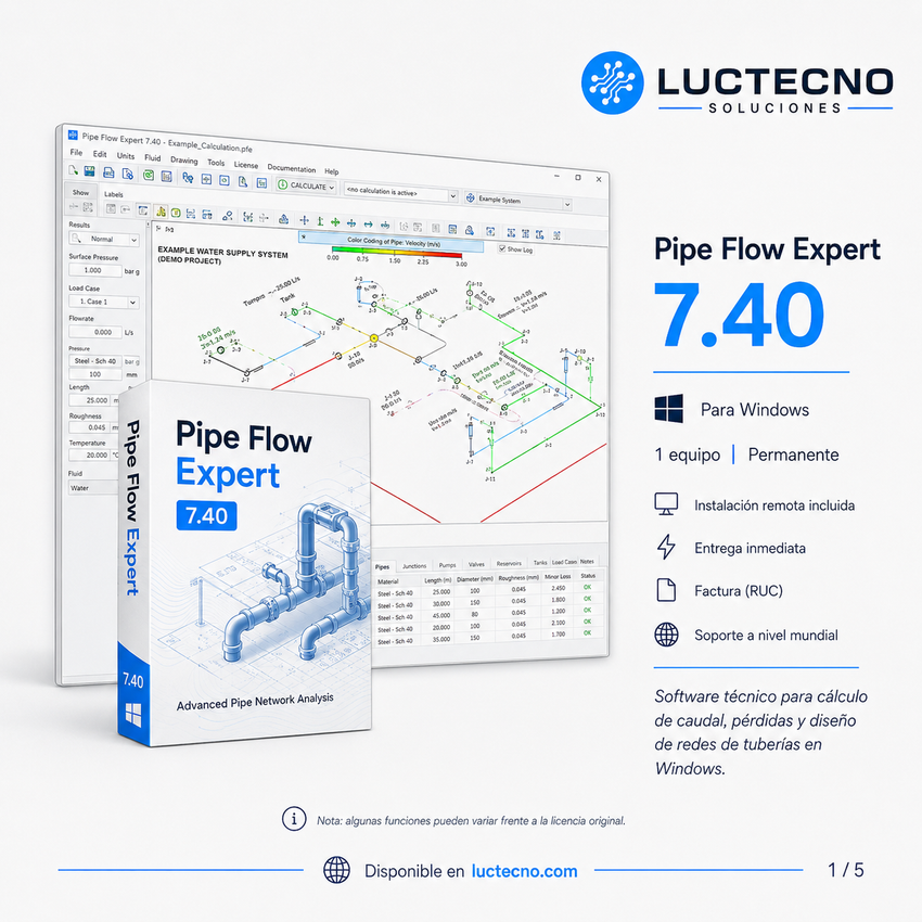 Pipe Flow Expert 7.40 para Windows | Cálculo hidráulico, redes de tuberías, bombas, caudal y pérdida de presión