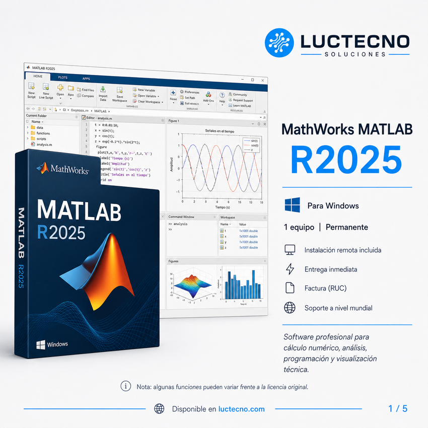 MathWorks MATLAB R2025 para Windows | Cálculo numérico, programación, análisis de datos, simulación, IA e ingeniería científica