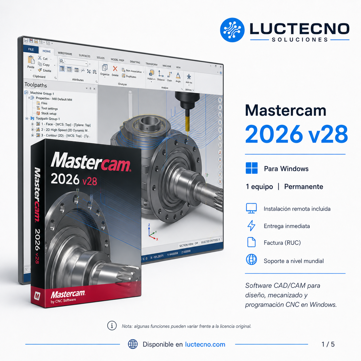 Mastercam 2026 v28 para Windows | CAM CNC, fresado, torneado, 5 ejes, mill-turn, simulación y manufactura industrial