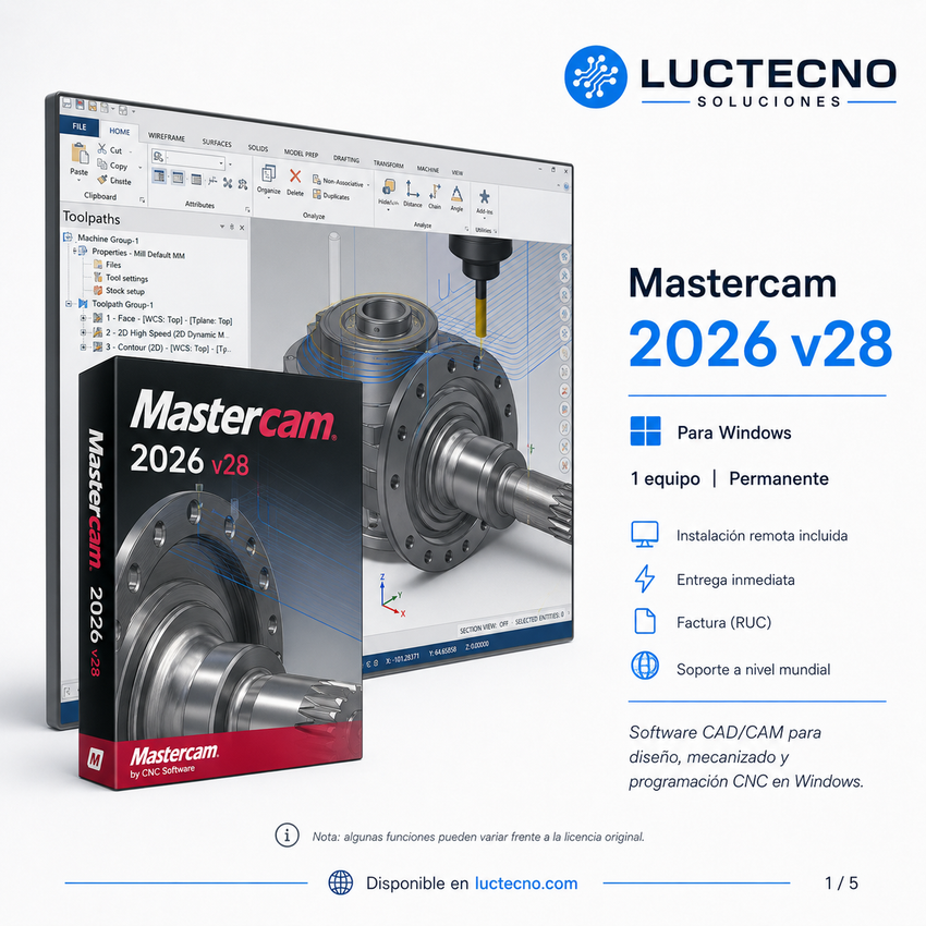 Mastercam 2026 v28 para Windows | CAM CNC, fresado, torneado, 5 ejes, mill-turn, simulación y manufactura industrial